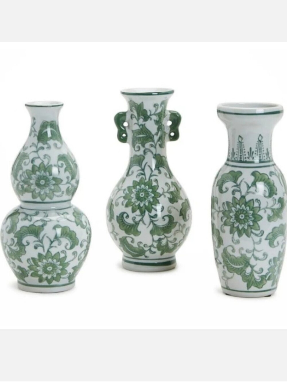 Two's Company Countryside Set of 3 Vase - Hand-Painted Green Floral Vases Set